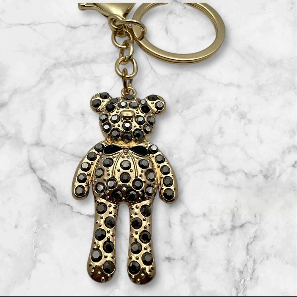Gold Toned Coquette 2” Teddy Bear Keychain with Black Rhinestones and Bow